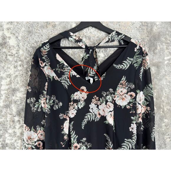 BCBGeneration Womens Size XS Floral Semi Sheer V Neck Blouse Black Pink Top - Picture 2 of 11